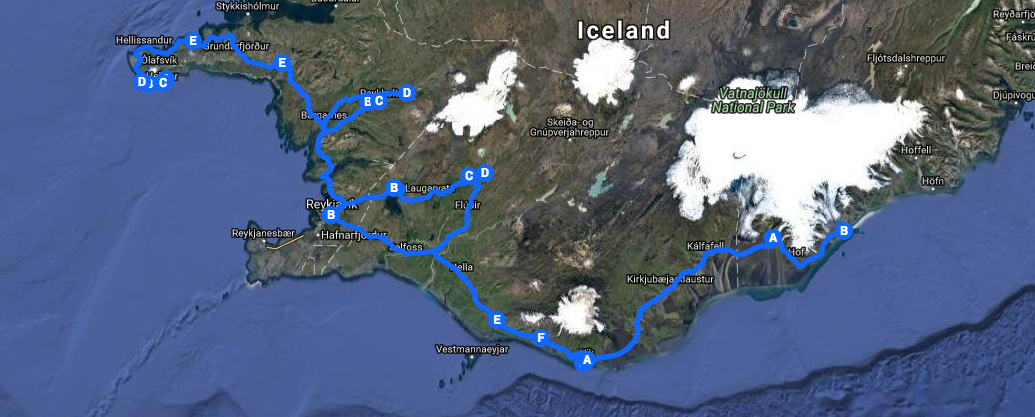 5 Day Snæfellsnes, Northern Lights, South Coast and Ice Cave tour - route