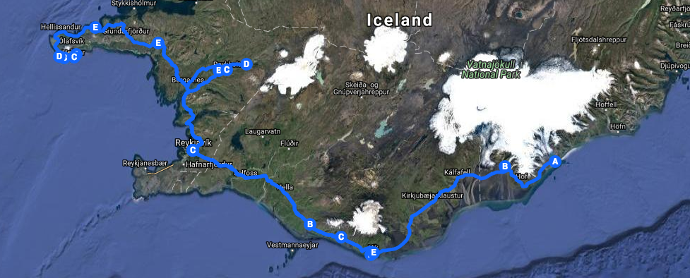 4 Day South Coast, Ice Cave and Snæfellsnes - tour route