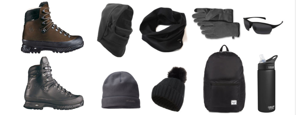 Hiking boots hat and accessories for glacier hiking 