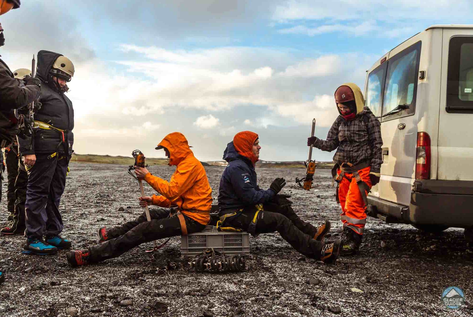 Glacier Guide preperation on Solheimajokull Iceland