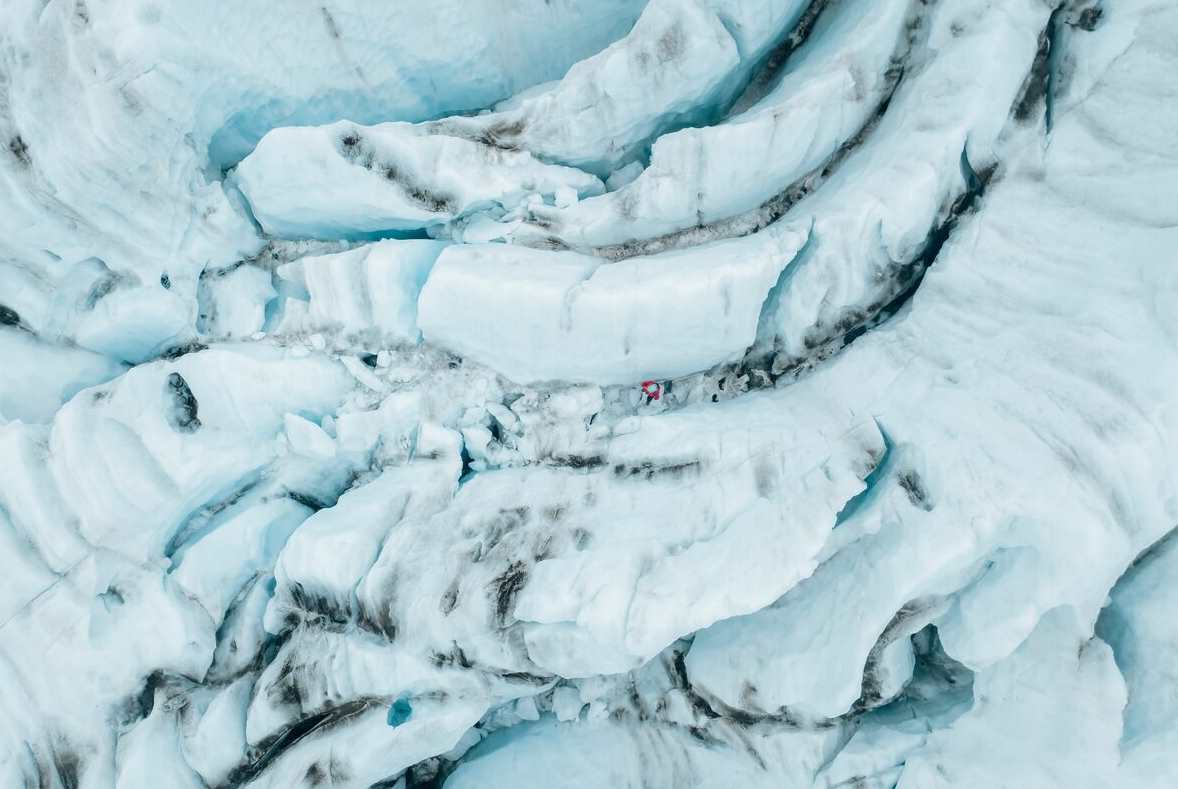 aerial view of Falljokull glacier maze.