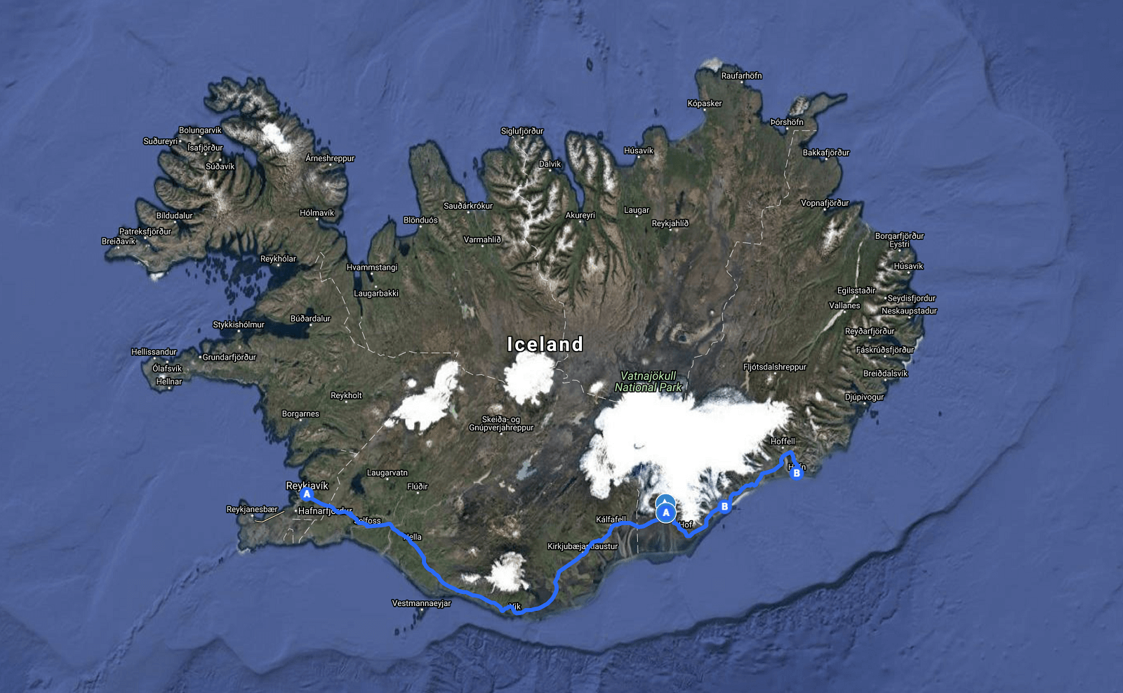 Map - For The Direction to Skaftafell From Multiple Locations In Iceland