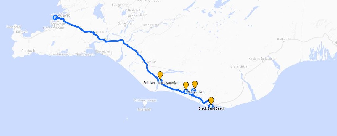 Tour map - south coast, glacier hike northern lights