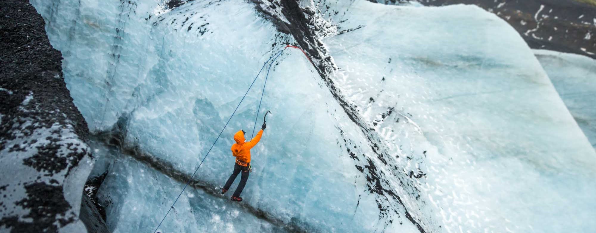 Glacier hiking and ice climbing on Sólheimajökull, the outlet glacier of Myrdalsjökull