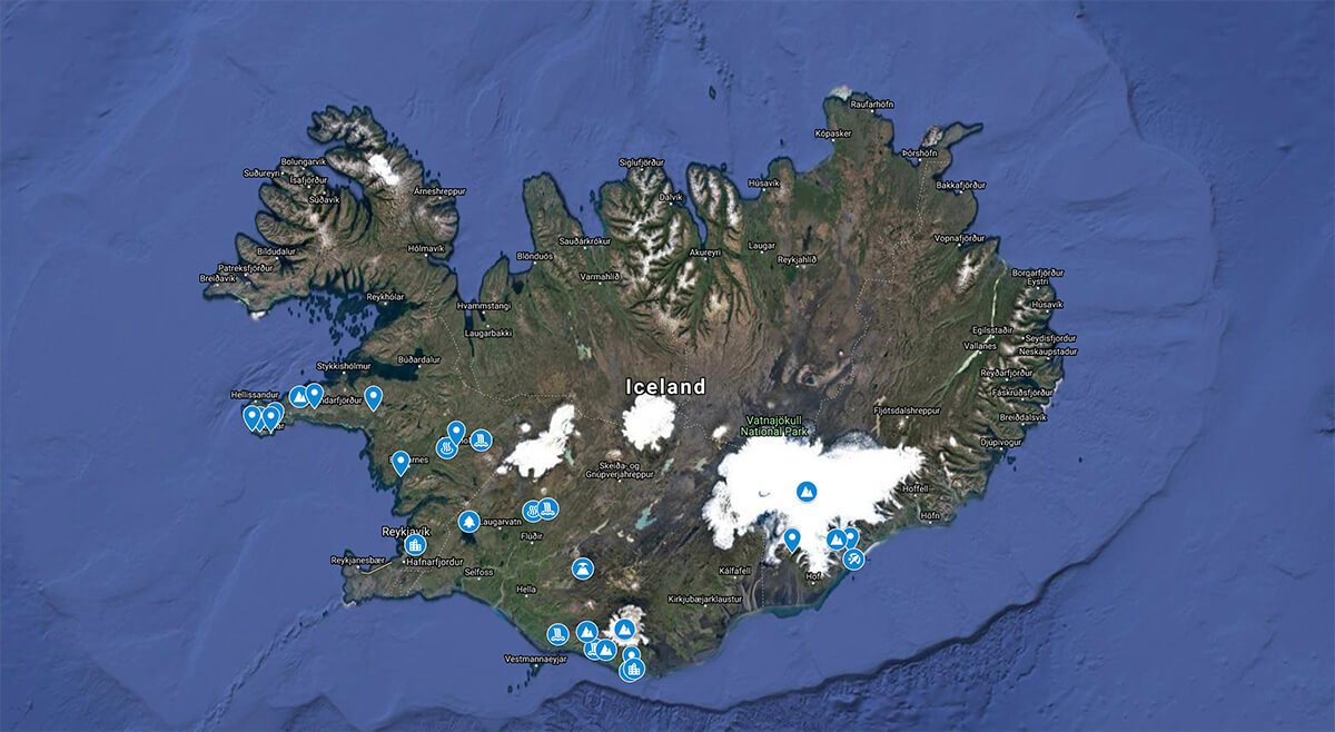 Map of the Highlights in West and South Iceland