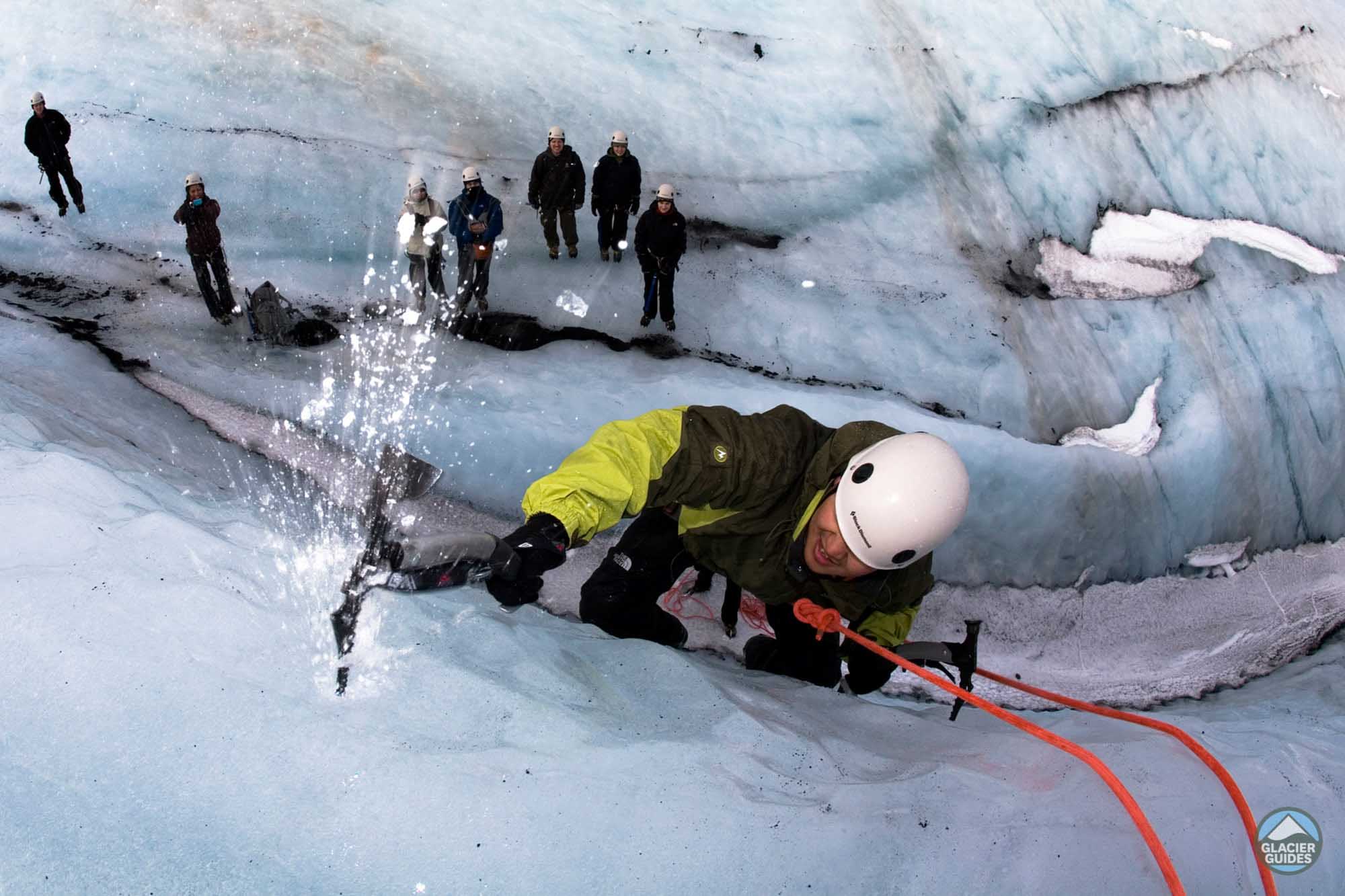 Ice Climbing on Blue Ice of Solheimajokull Glacier, South Iceland