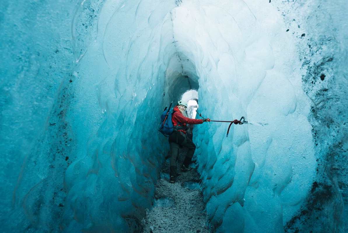 into the glacier ice cave