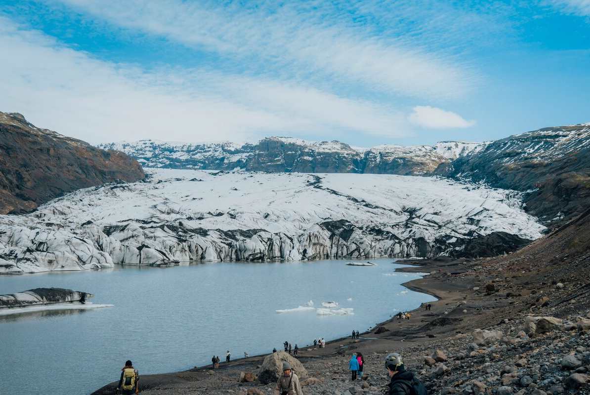 Views at Solheimajokull glacier, with bright blue skies.