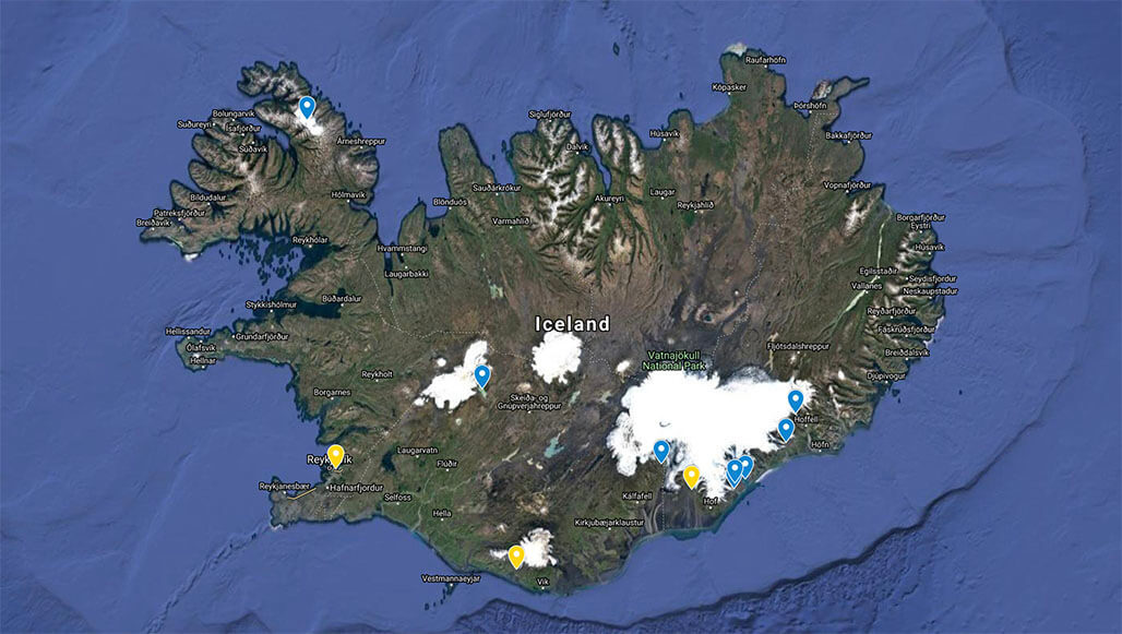 Locations of Glacier Lagoons in Iceland