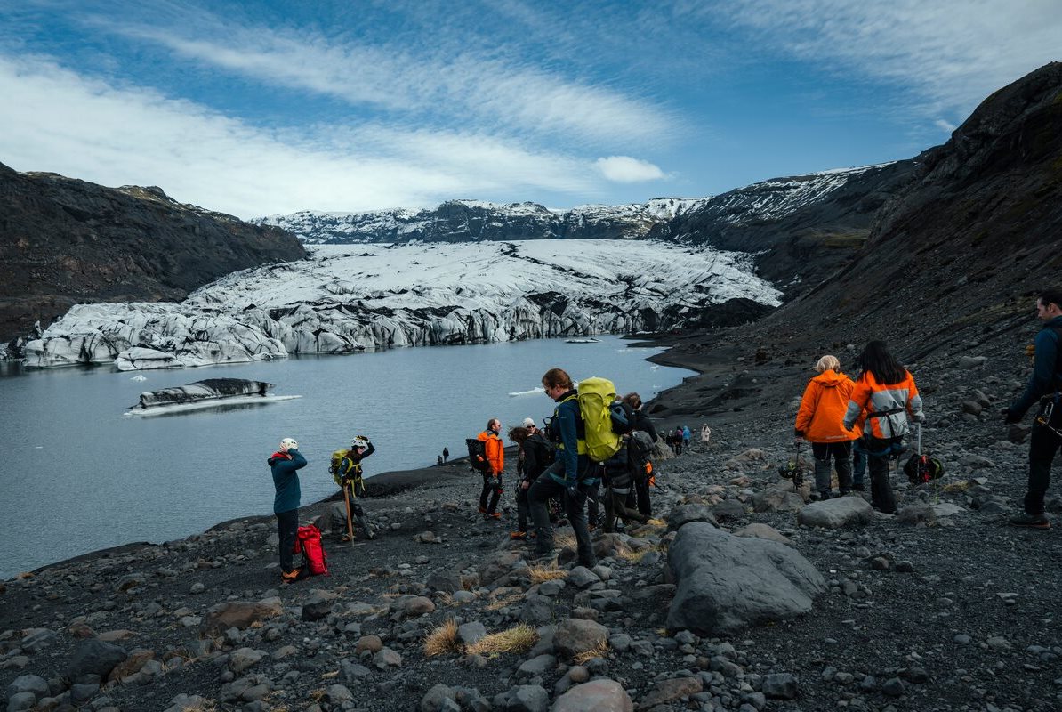Small Group Solheimajokull Glacier Small group hiking on Solheimajokull glacier.