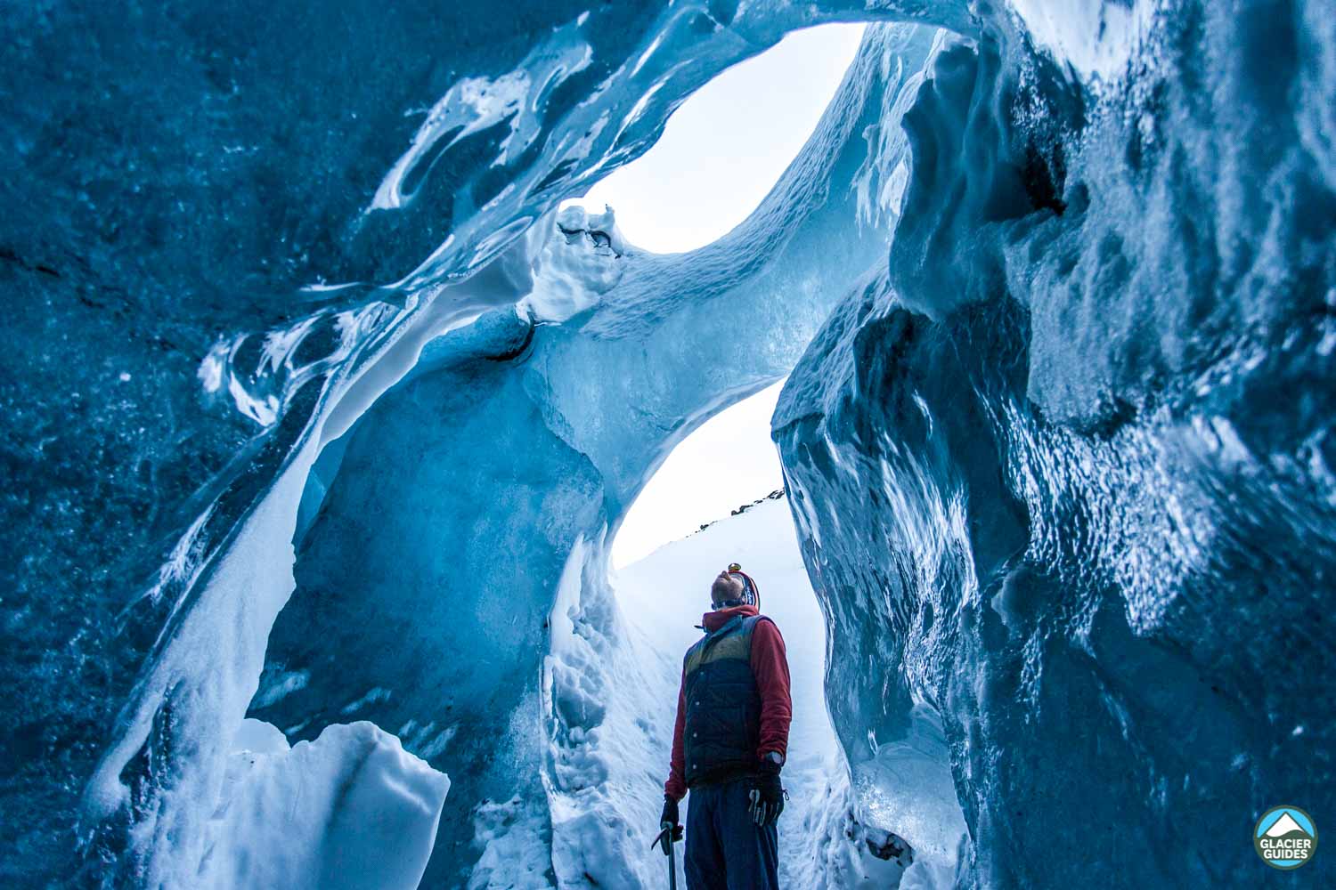 Viewing Up in Ice Cave at Iceland