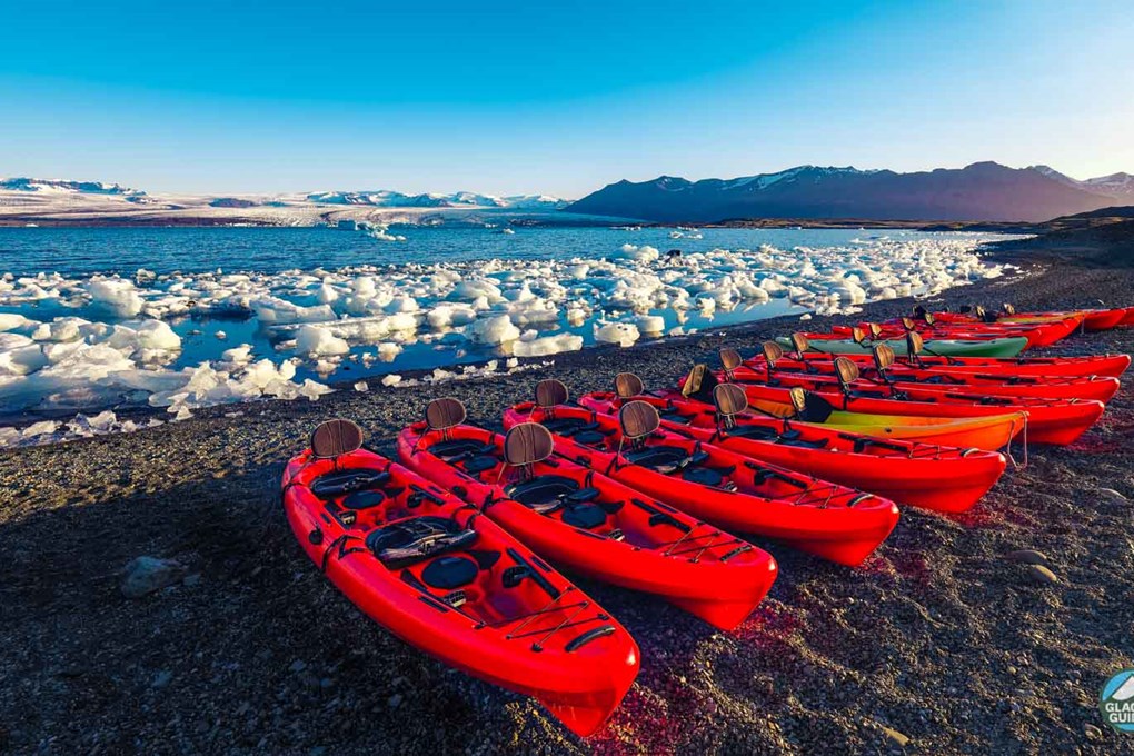 Kayaks On Diamond Beach At Jokulsarlon Glacier Lagoon