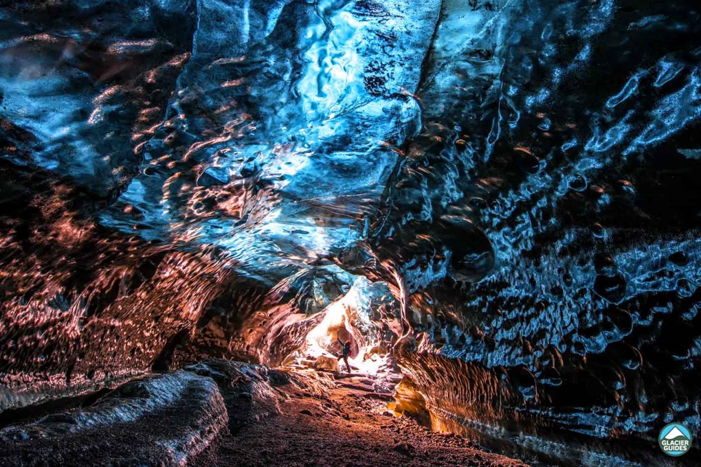 Vatnajokull Ice Cave In Sunset Lights