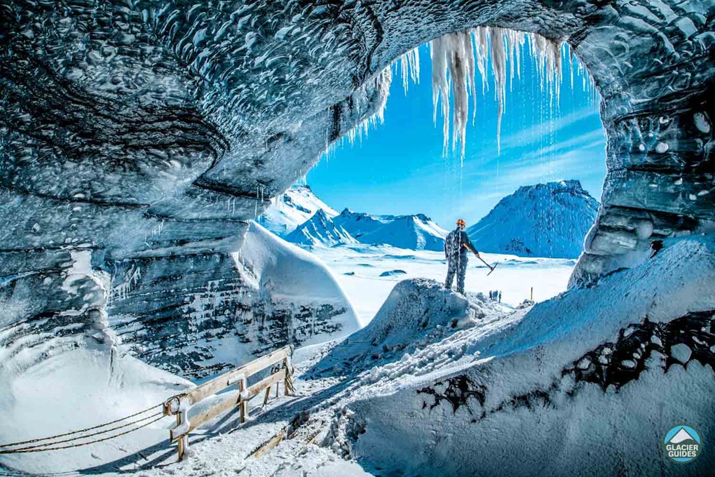Person At Katla Ice Cave Entrance