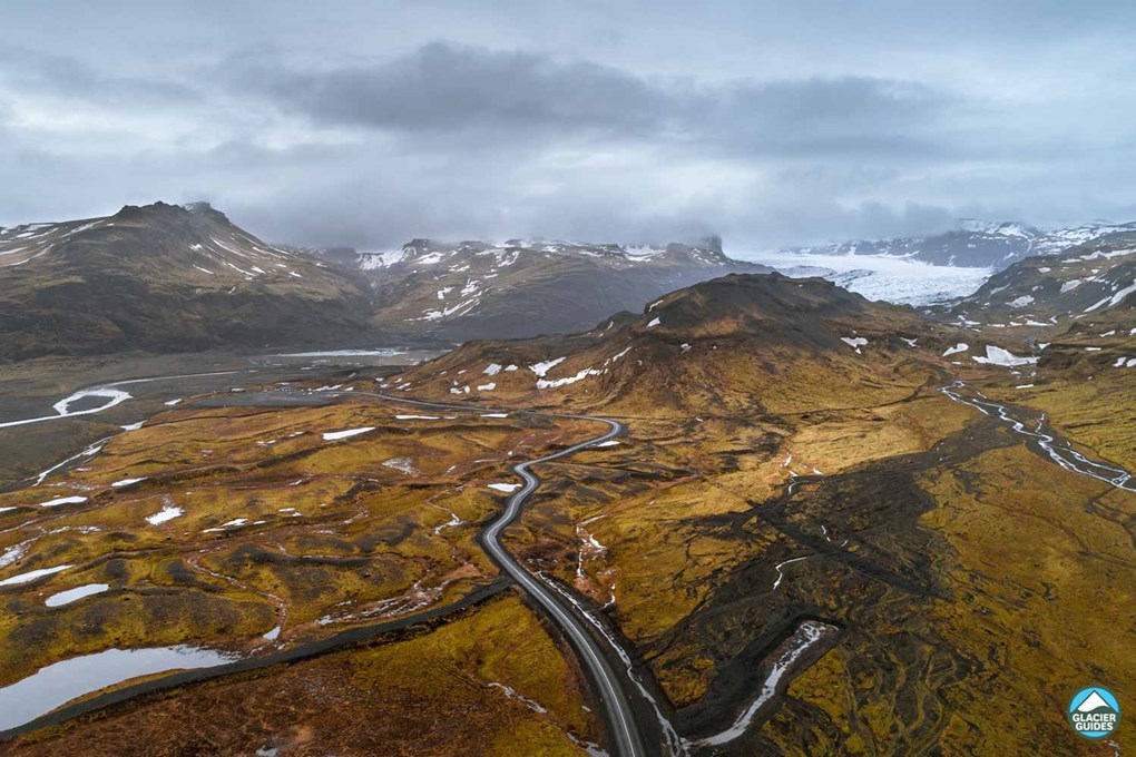 Aerial View of a Road to Solheimajokull Glacier