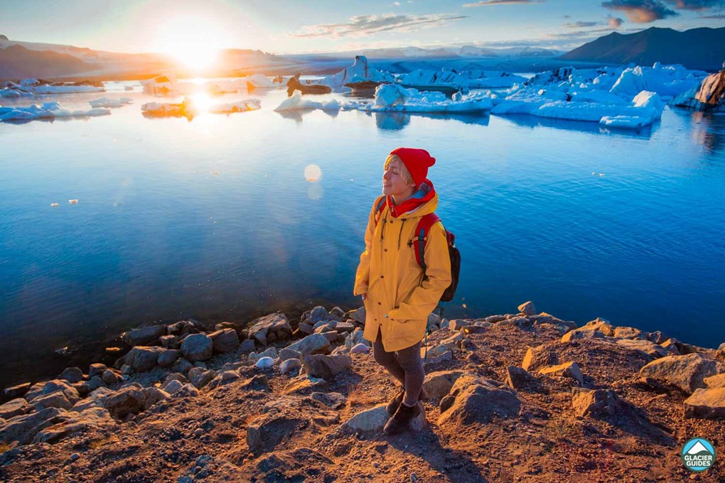 Girl on the shore of Jokulsarlon Glacier Lagoon