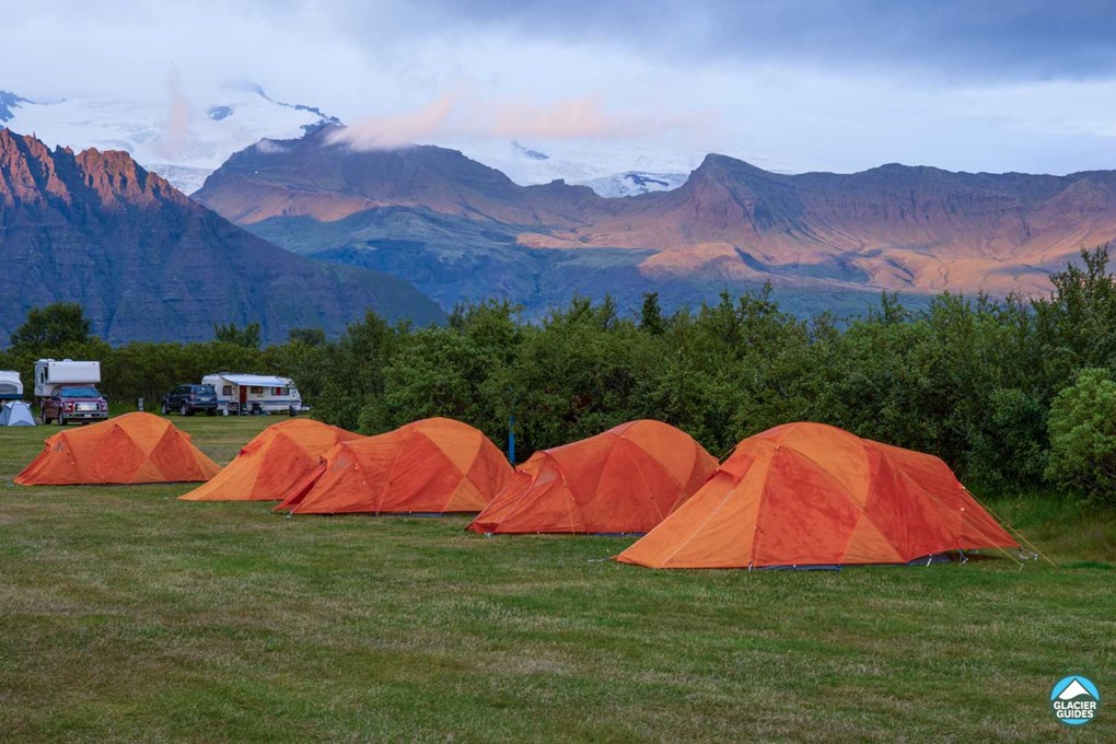 Skaftafell Glacier Campsite with orange tents