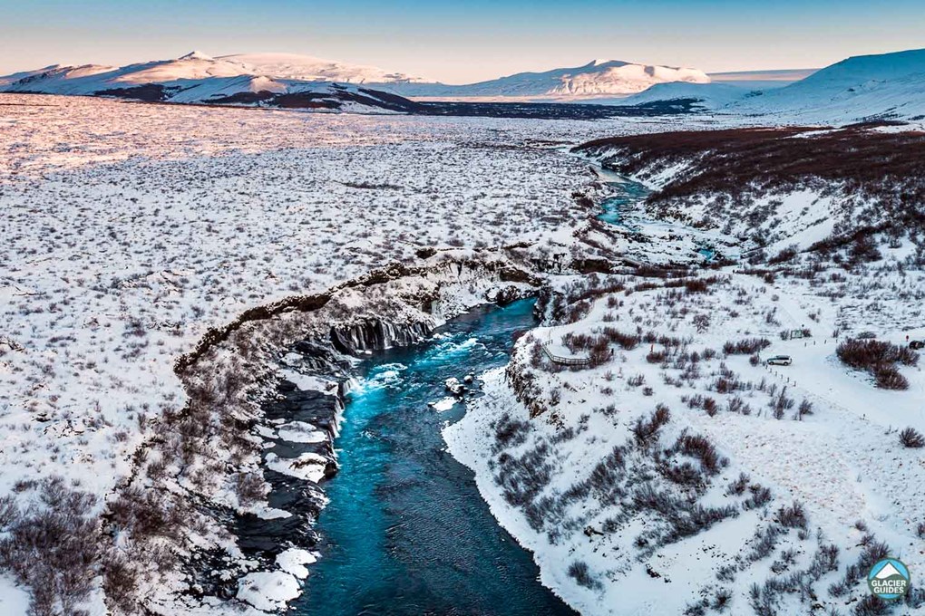 Hraunfossar Waterfall aerial view