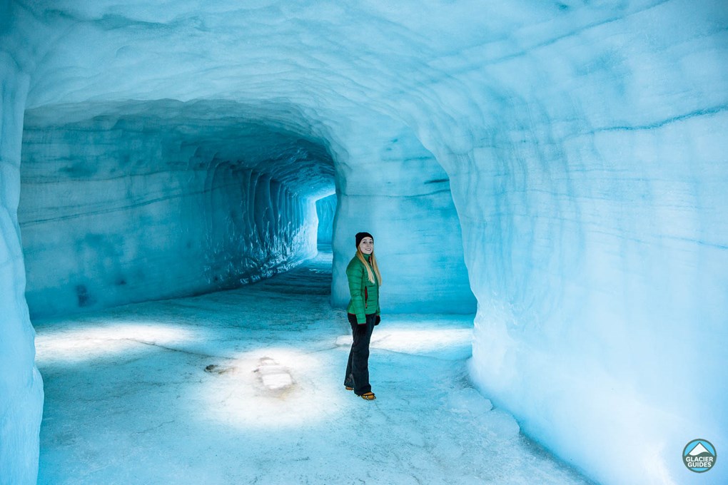 Woman inside Langjokull Glacier ice tunnel