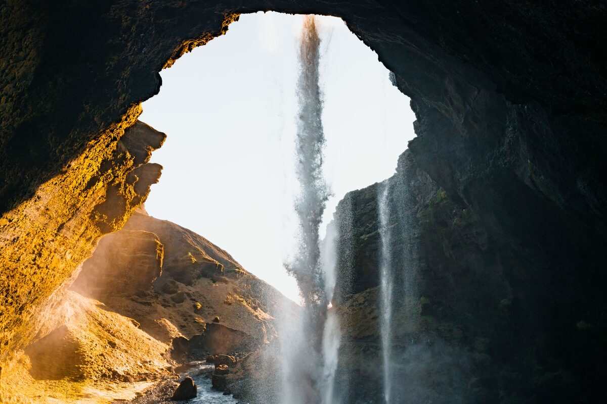 Seljalandsfoss from the cave behind the waterfall in iceland