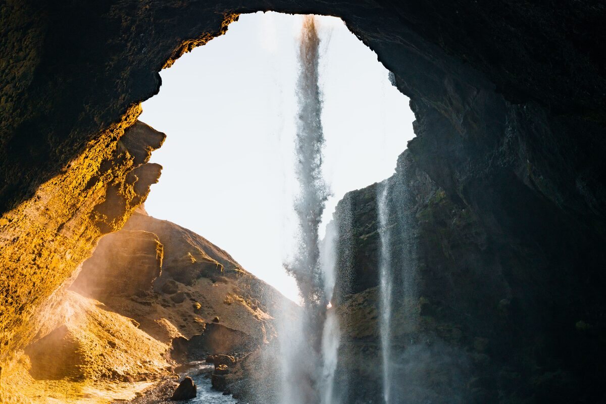 Seljalandsfoss from the cave behind the waterfall in iceland